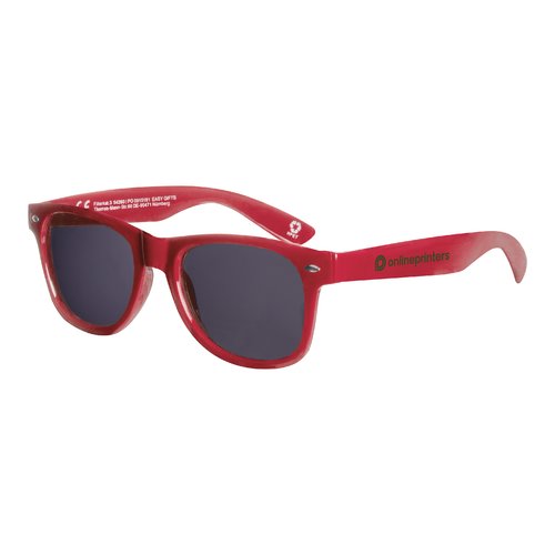 Red RPET sunglasses with dark lenses.