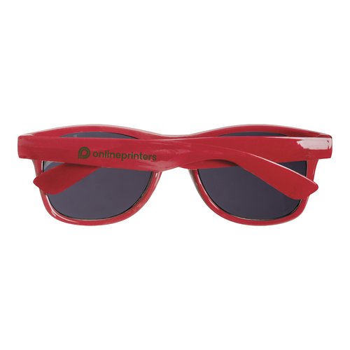 Red RPET sunglasses with dark lenses.