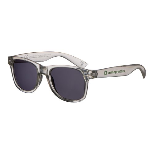 Transparent RPET sunglasses with dark lenses.