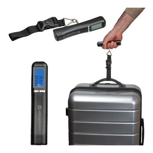 Black luggage scale with digital display and carrying strap.