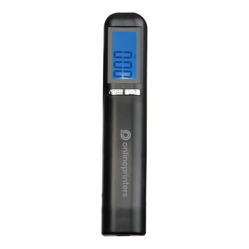 Black luggage scale with digital display.