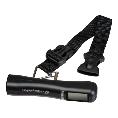 Black luggage scale with digital display and webbing strap.