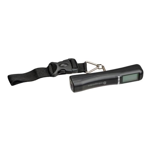 Black luggage scale with digital display and strap.