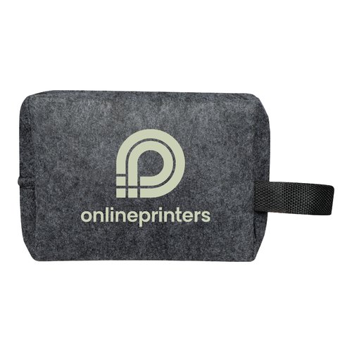 Grey felt cosmetic bag with carrying strap.