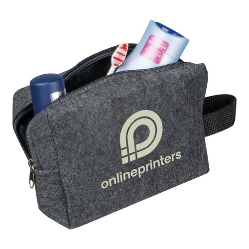 Anthracite felt cosmetic bag with zipper and carrying loop.