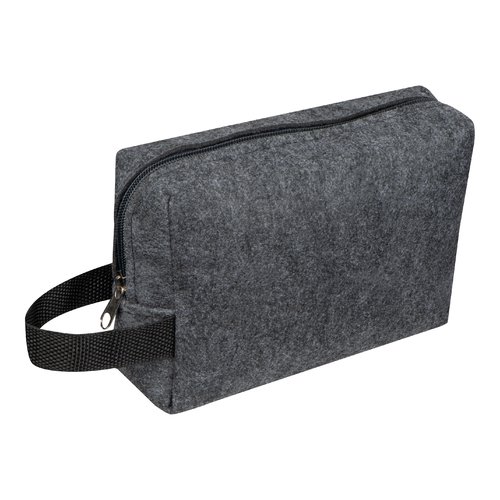 Anthracite cosmetic bag made of felt with zipper and carrying handle.
