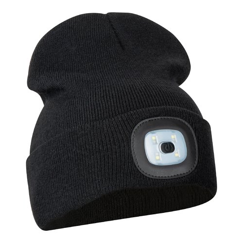 Black knit beanie with integrated LED lamp.