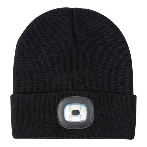 Black knitted beanie with LED light.