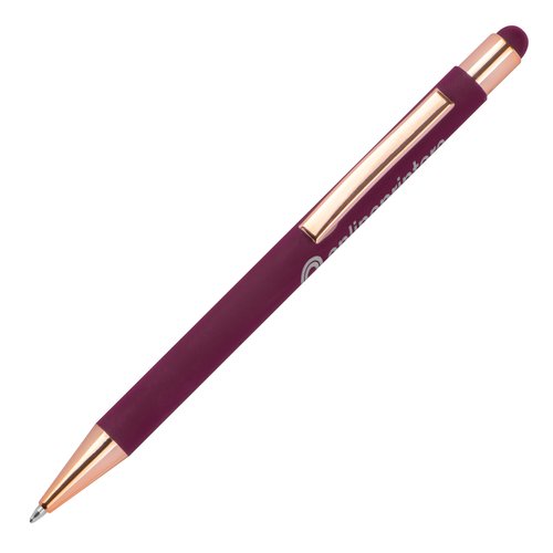 Burgundy metal ballpoint pen with touch pen and clip.