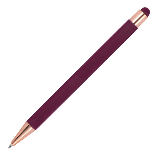 Burgundy ballpoint pen with touch pen and push mechanism.