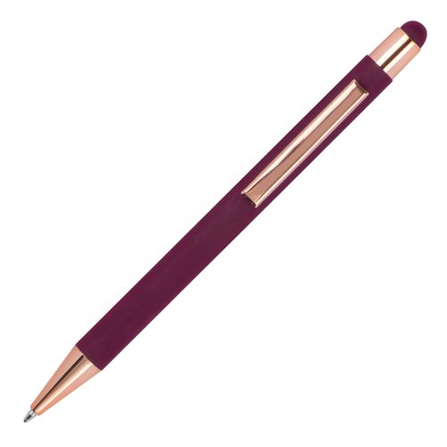 Burgundy ballpoint pen with touch pen and clip.