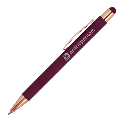 Burgundy metal ballpoint pen with touch pen and clip.