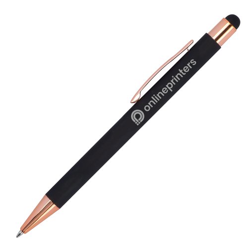 Black ballpoint pen with touch pen and clip.