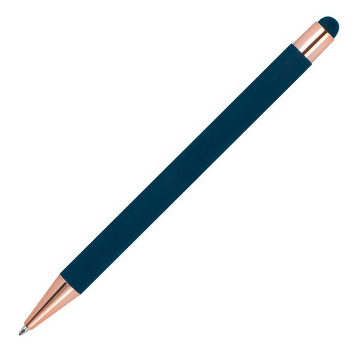 Dark blue ballpoint pen with touch pen and metal elements.