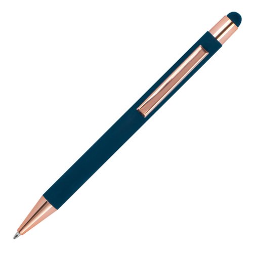Dark blue ballpoint pen with touch pen and clip.