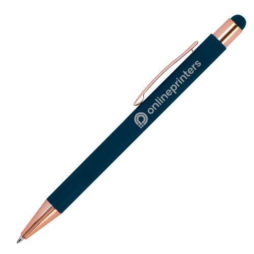 Dark blue metal ballpoint pen with touch pen and clip.