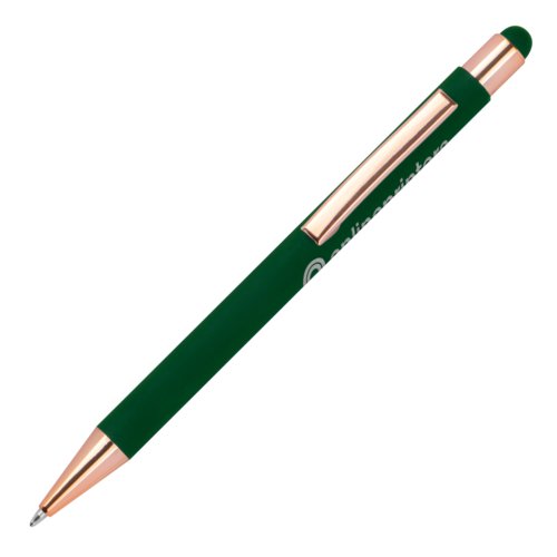 Dark green ballpoint pen with touch pen and clip.