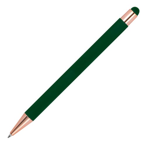 Dark green ballpoint pen with touch pen and push mechanism.