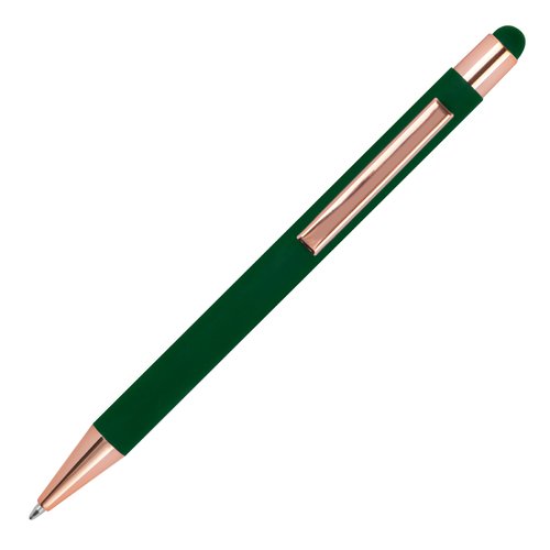Dark green ballpoint pen with touch pen and clip.