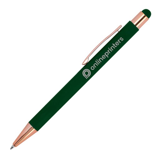 Green metal ballpoint pen with touch pen and clip.