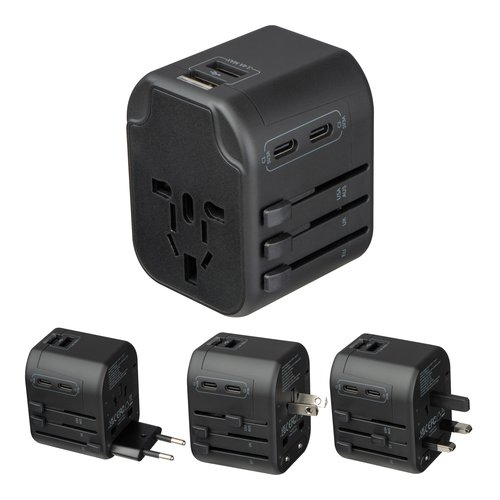Black travel adapter with multiple plug options and USB ports.