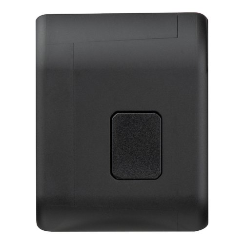 Black travel adapter with interchangeable plugs.