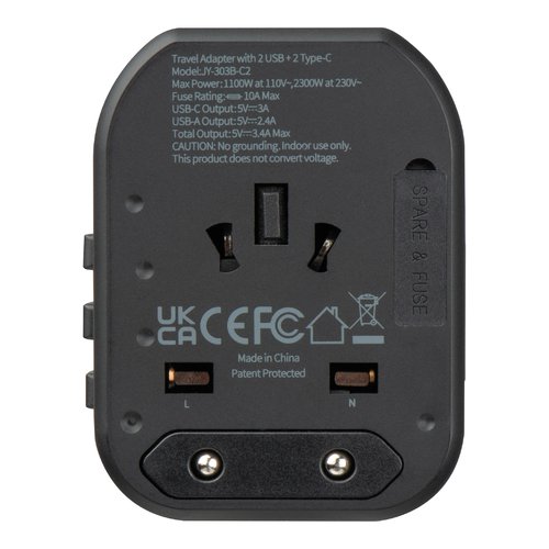 Black travel adapter with USB ports.