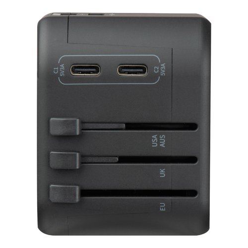 Black travel adapter with USB ports and multiple plug options.