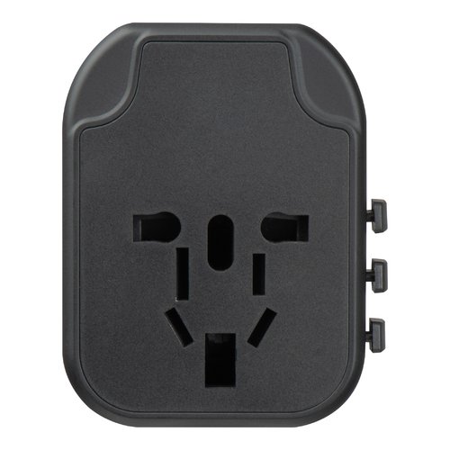 Black plastic travel adapter with multiple sockets.