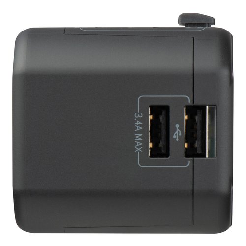 Black travel adapter with USB ports.