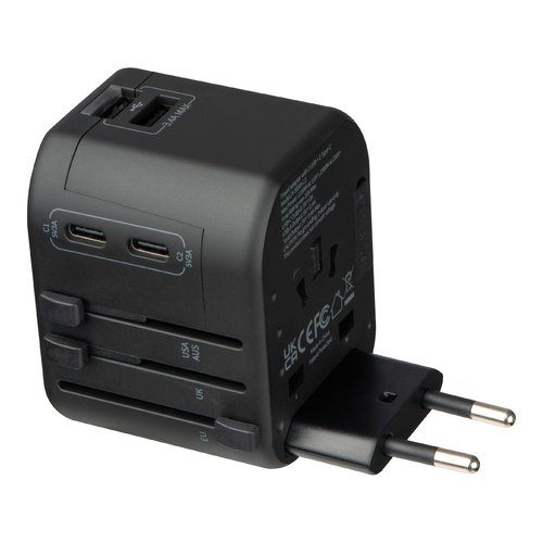 Black travel adapter with multiple outlet adapters.