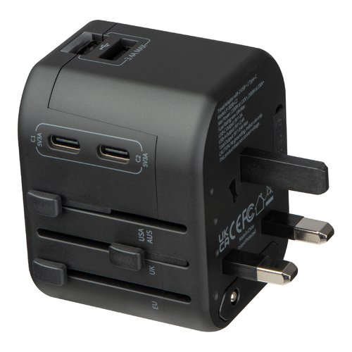 Black travel adapter with various sockets.