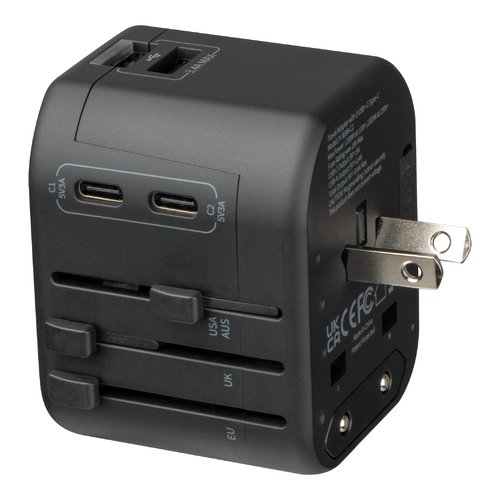 Black travel adapter with multiple USB ports and various plug options.