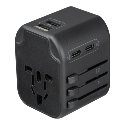 Black travel adapter with USB and outlet connections.