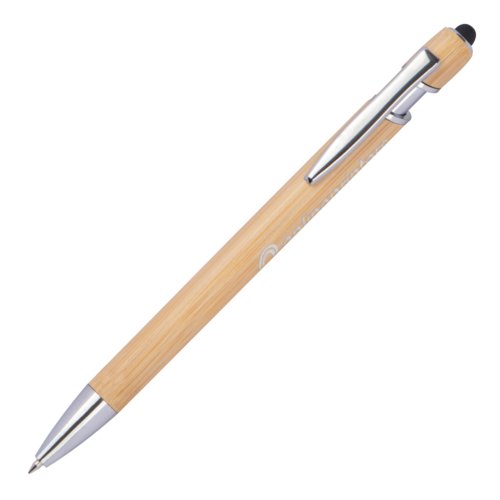 Beige wooden ballpoint pen with clip and touch pen.
