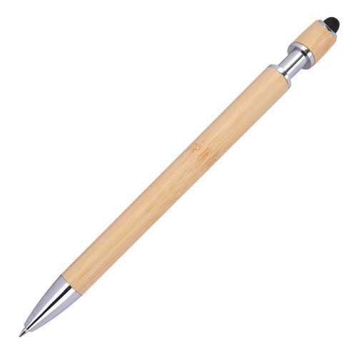 Beige bamboo ballpoint pen with metal details.
