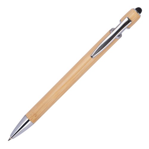 Beige bamboo ballpoint pen with clip and stylus tip.