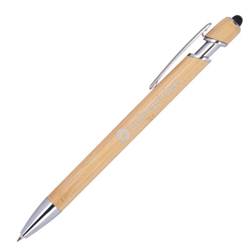 Wood-colored bamboo ballpoint pen with touch pen and clip.