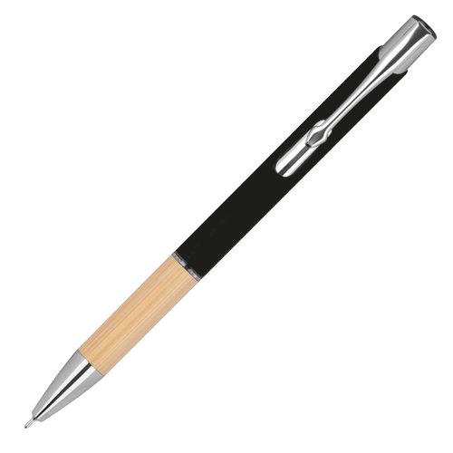 Black recycled gel pen with clip and push mechanism.
