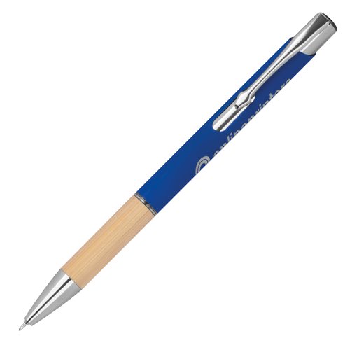 Blue recycled gel pen with clip and push mechanism.