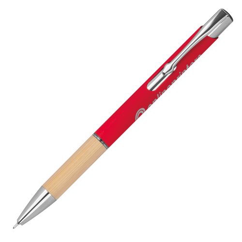 Red recycled material gel pen with clip and push mechanism.