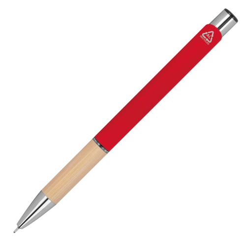 Red recycled gel pen with tip and cap.