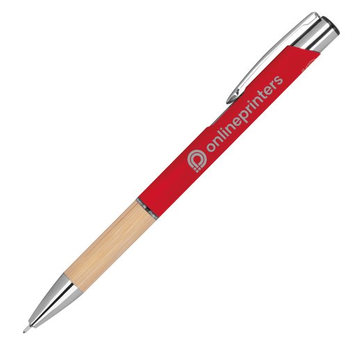 Red, recycled gel pen with clip and push button.