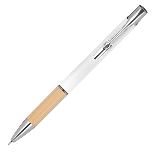 White Recycled Gel Pen with clip and push mechanism.