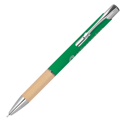Green recycled gel pen with metal elements and clip.