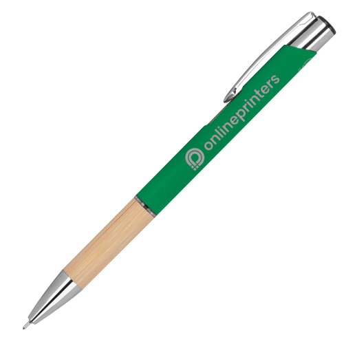 Green recycled gel pen with metal elements.
