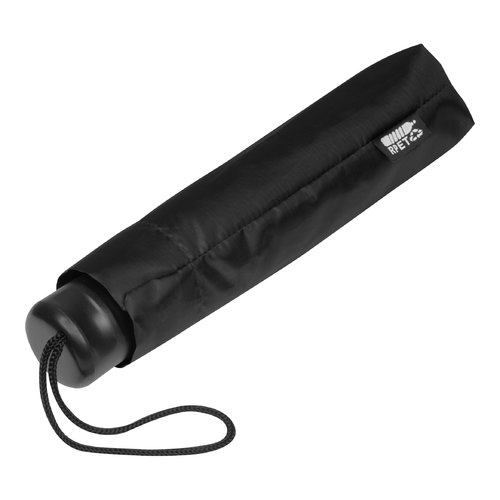 Black RPET pocket umbrella with carrying cord.