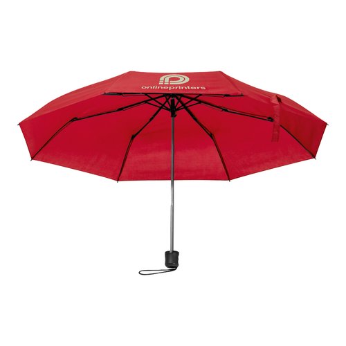 Red RPET pocket umbrella with manual opening mechanism.