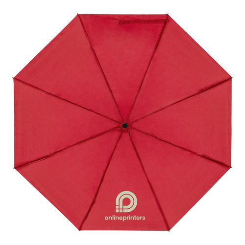 Red RPET pocket umbrella with cover and handle.