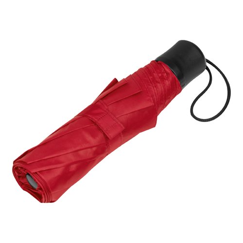 Red RPET pocket umbrella with hand strap.